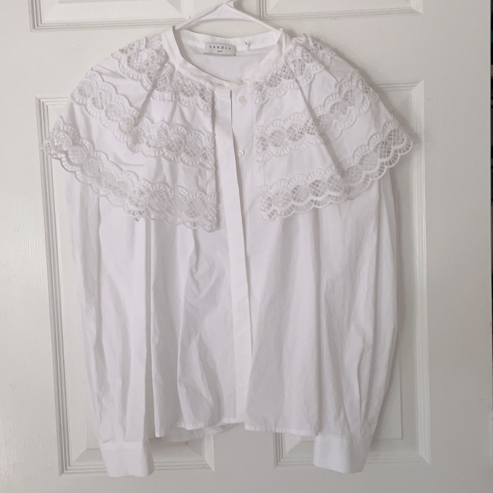 Sandro brand-new lace-collar cotton poplin shirt